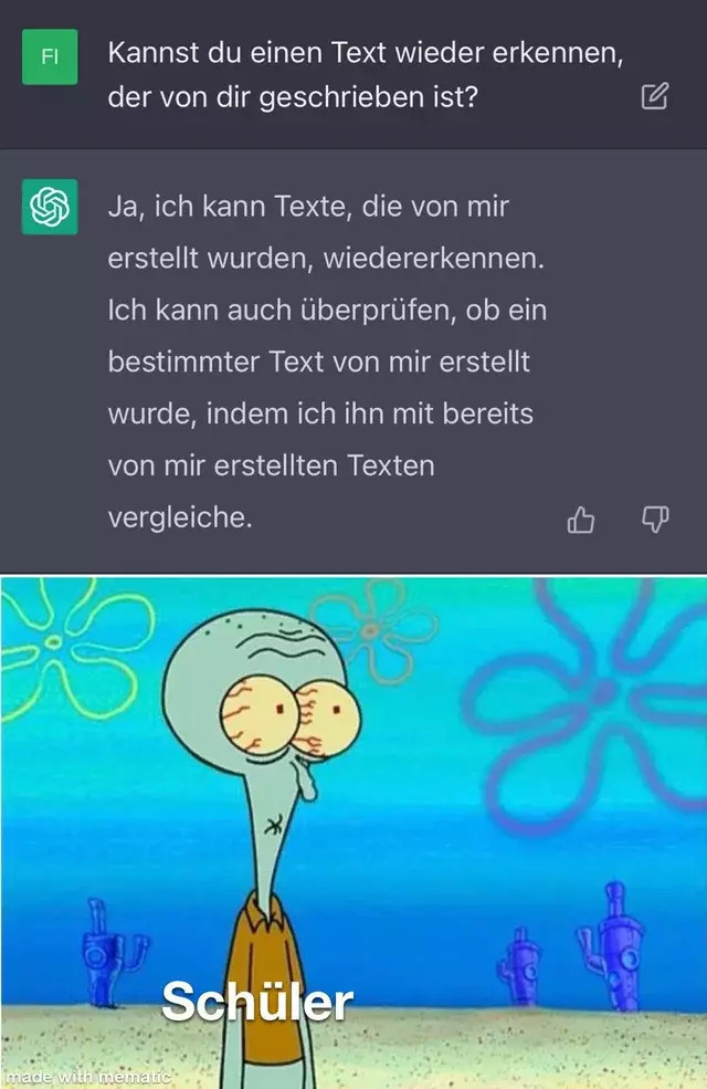 Meme welches Schüler darüber informiert das mit Chatbots erstellte Aufsätze leicht überführt werden können